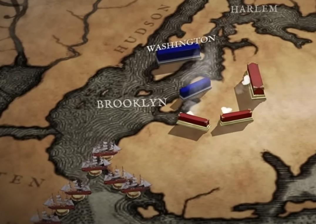 Illustration of New York harbor with small rectangular prisms on the map showing historical battle position of the Continental and British armies.